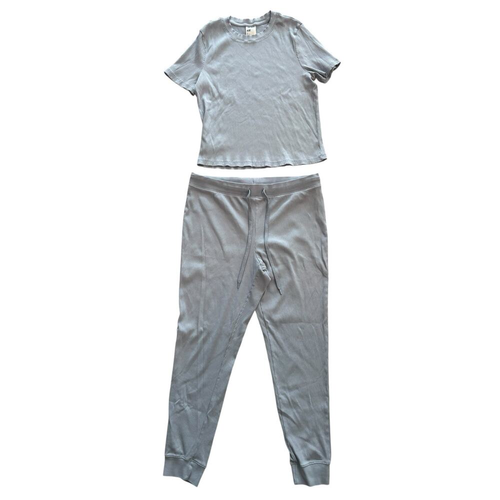 H&M BABY BLUE RIBBED MATCHING SET T-SHIRT JOGGERS CO-ORD SIZE LARGE - Picture 1 of 8